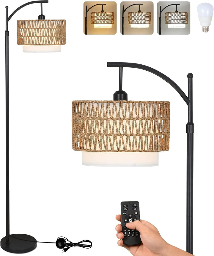 Moderne boogvloerlamp Norvella met afstandsbediening, dimbaar LED licht en verstelbare arm. Ideaal voor sfeervol interieur.