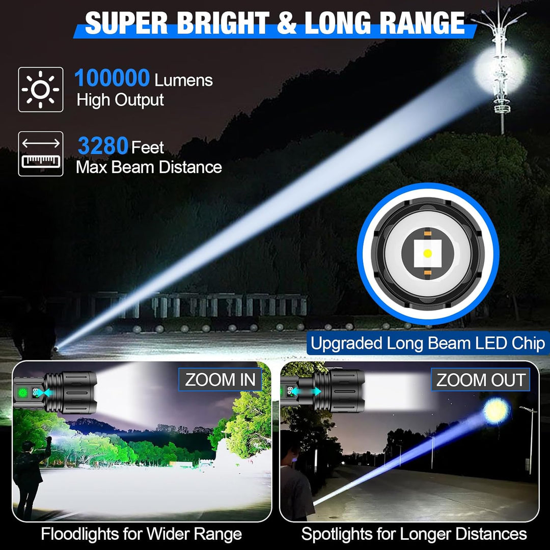Krachtige 100.000 lumen LED zaklamp voor avontuurlijke tochten, verlicht je pad.