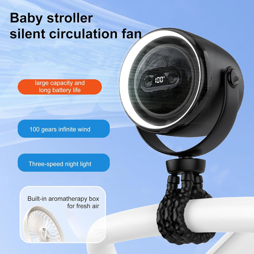 Draagbare babyventilator met usb-oplading, clip en geïntegreerd nachtlampje. Ideaal voor kinderwagens.