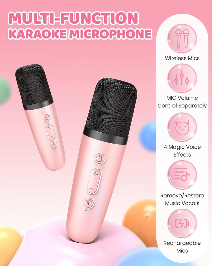 Bluetooth speaker met ingebouwde karaoke functie en twee draadloze microfoons voor plezier.