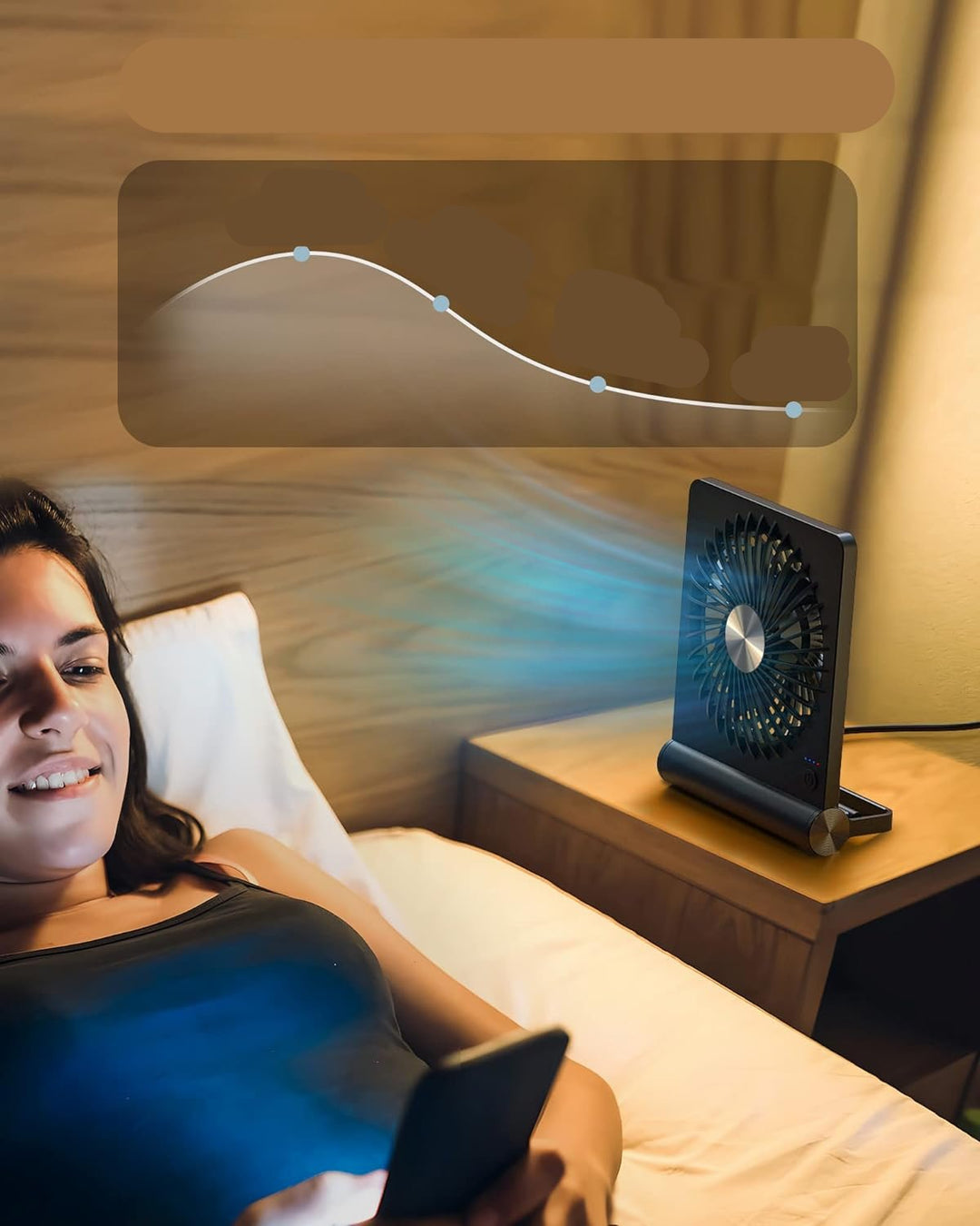 Moderne compacte tafelventilator, fluisterstil en efficiënt. Ideale koeling voor elk modern interieur.