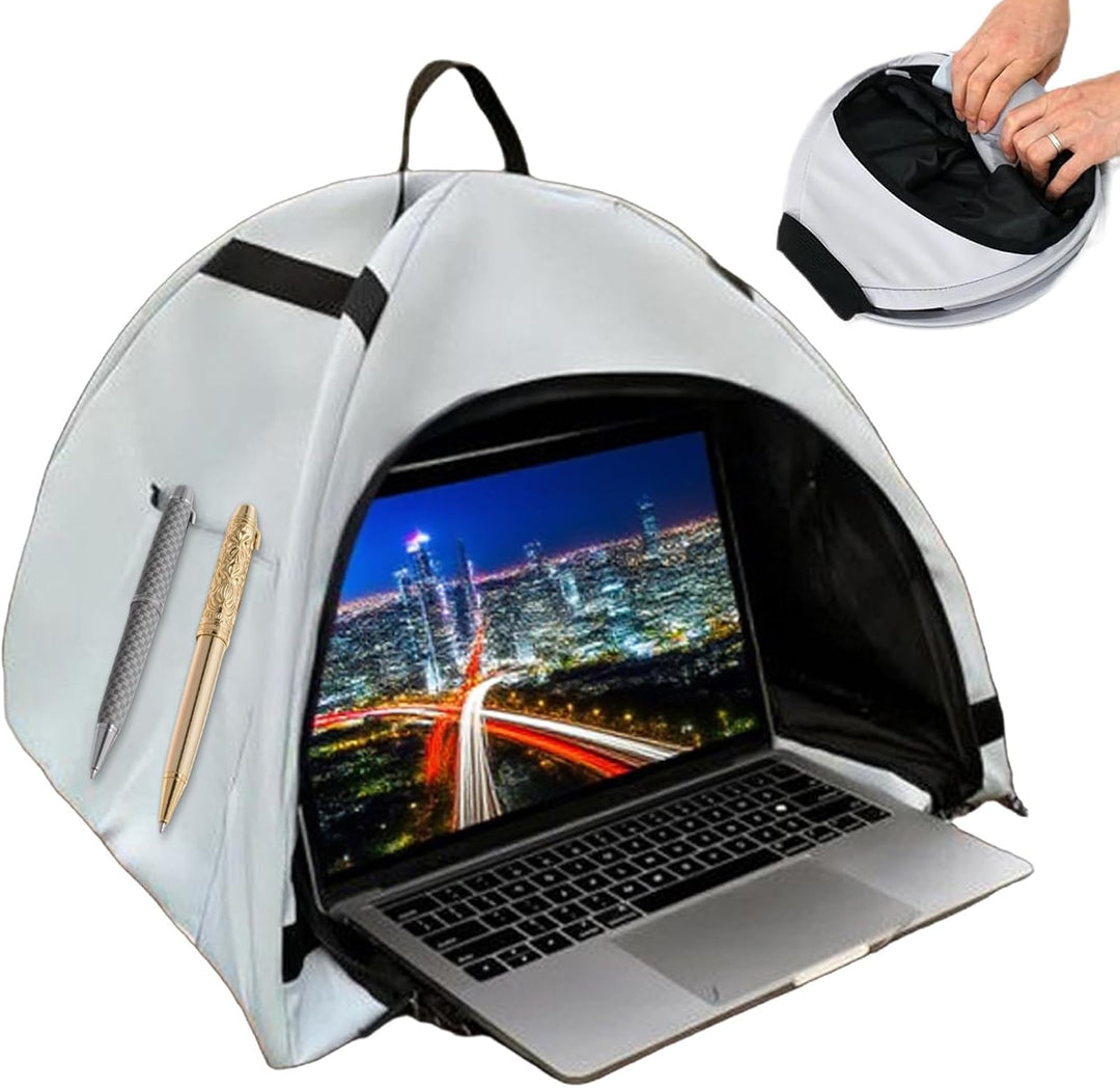 Laptop zonnescherm (13-16 inch) met antireflectie & privacy tent, ideaal voor buiten werken.