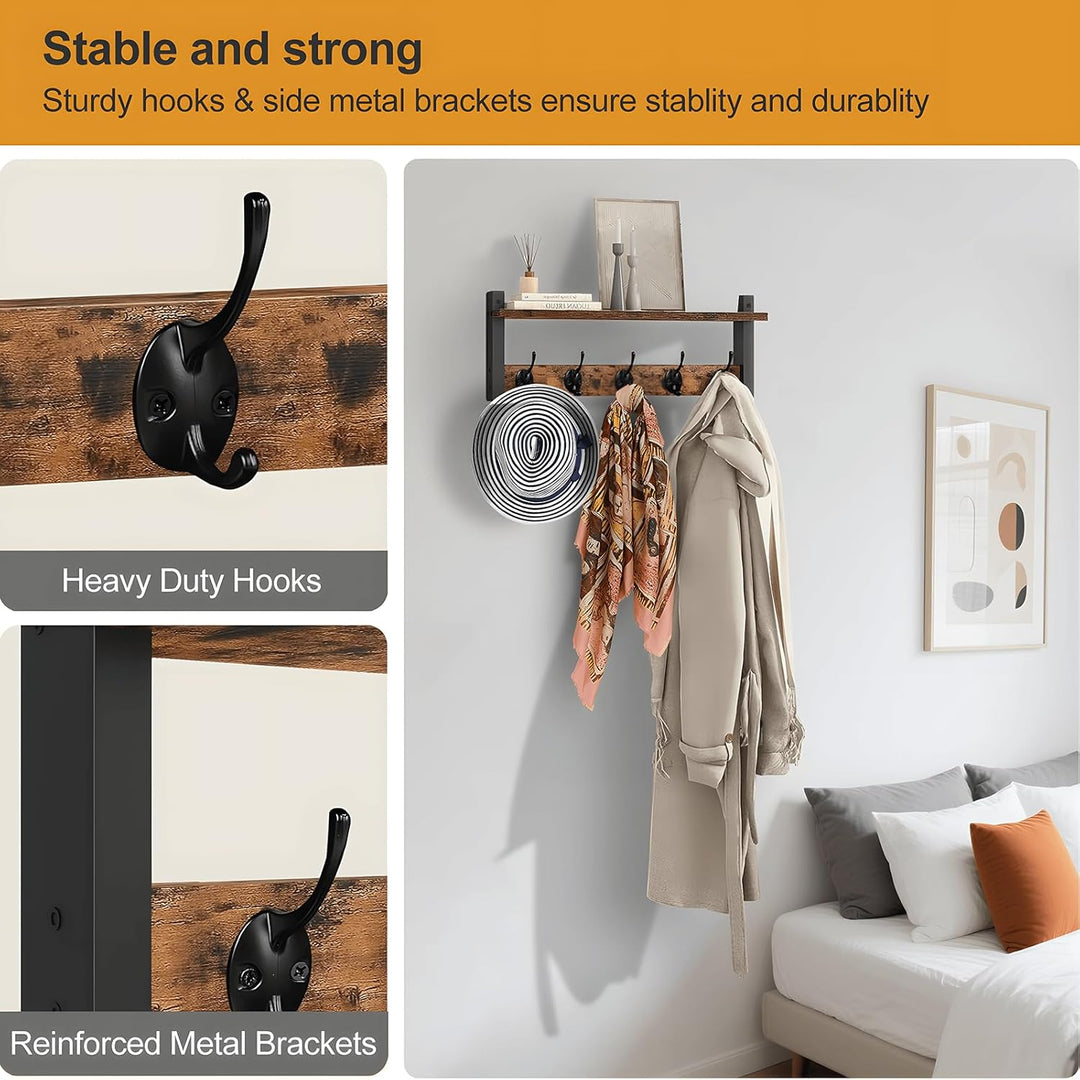 Praktische wandgarderobe met plank en 5 sterke haken, perfect voor het opbergen van jassen, tassen en decoratie.