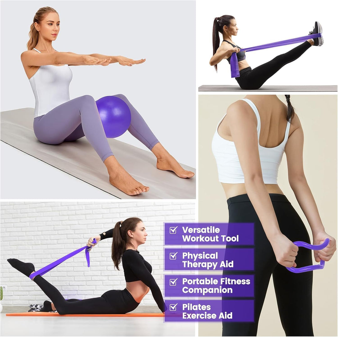 Yoga & Pilates set met bal en banden. Verbeter flexibiliteit, balans en core kracht met deze thuis workout kit.