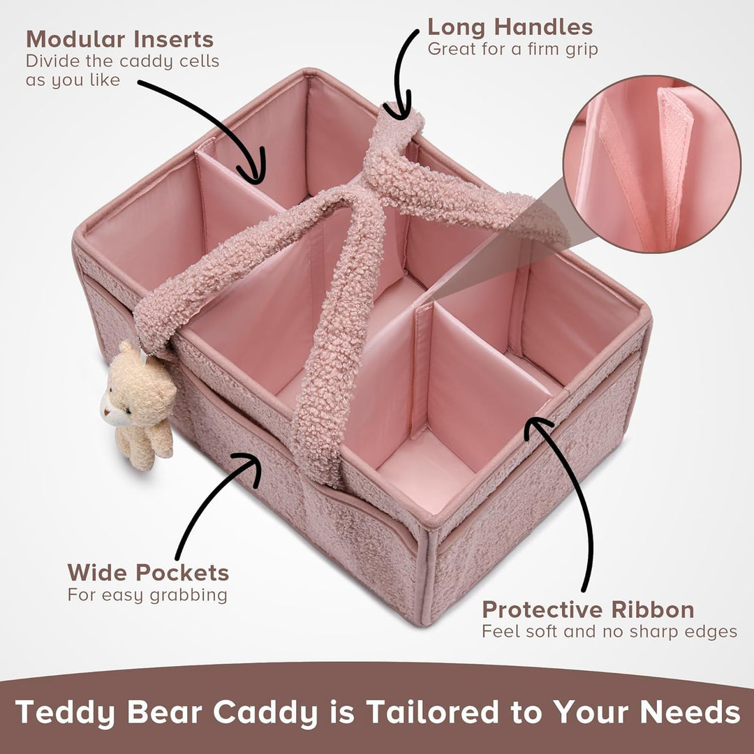 Sherpa caddy, wit, roze, beige of groen, perfect voor het opbergen van luiers en speelgoed.