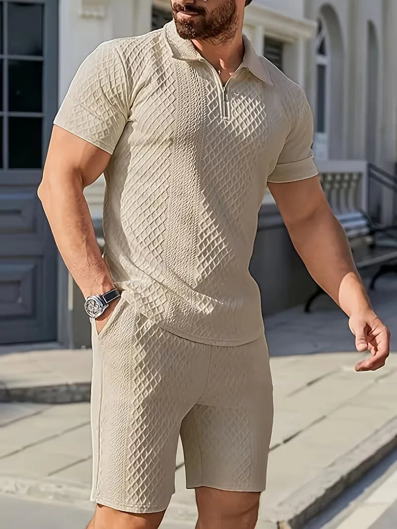 Geniet van de zomer in deze heren poloshorts set: casual, comfortabel & modieus met diamantpatroon.