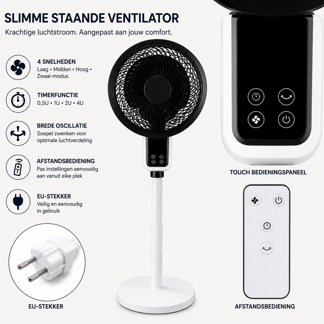 Stille ventilator voor huishoudelijk gebruik met timer en afstandsbediening, ideaal voor rustige verkoeling en frisse lucht.