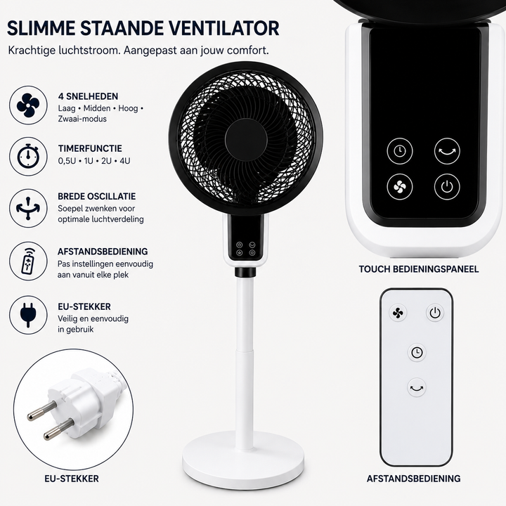 Stille ventilator voor huishoudelijk gebruik met timer en afstandsbediening, ideaal voor rustige verkoeling en frisse lucht.