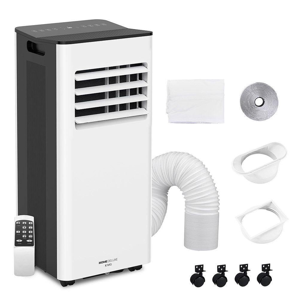 Witte mobiele airconditioner (9000 BTU) met WiFi-bediening en afstandsbediening, ideaal voor koeling.