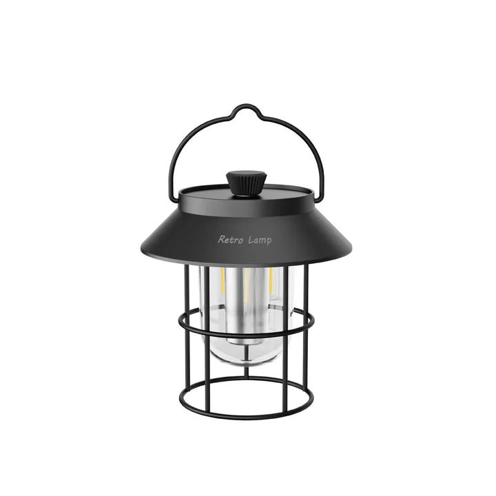 CampGlow LED lantaarn met retro design, ideaal voor camping en tuin. Helder sfeerlicht, USB oplaadbaar.