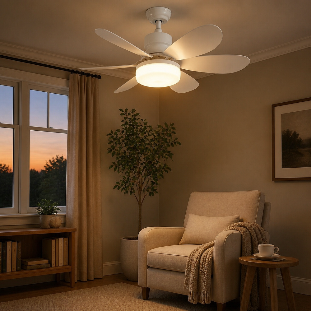 Moderne LED plafondlamp met stille ventilator, Scandinavisch design. Combineert sfeervolle verlichting en koeling.