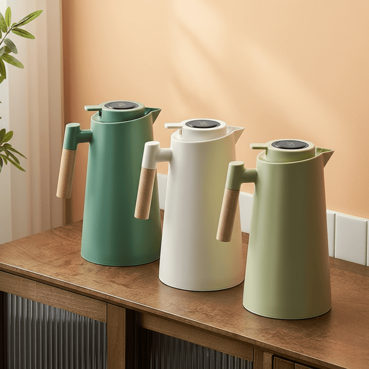 Duurzame dubbelwandige thermoskan voor onderweg, RVS met temperatuurweergave en houten handvat voor alle dranken.