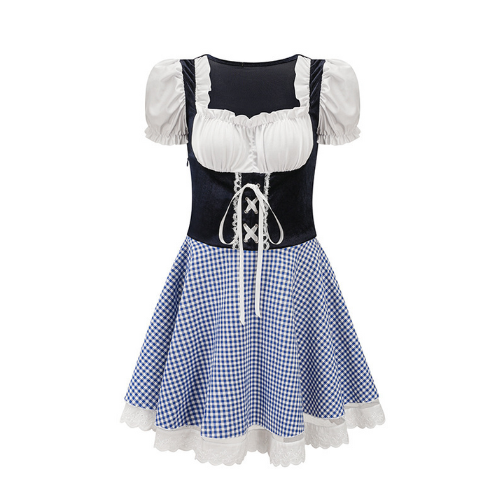 Geruite Oktoberfest jurk voor dames, met pofmouwen, strikdetails en authentieke bierfeest uitstraling.