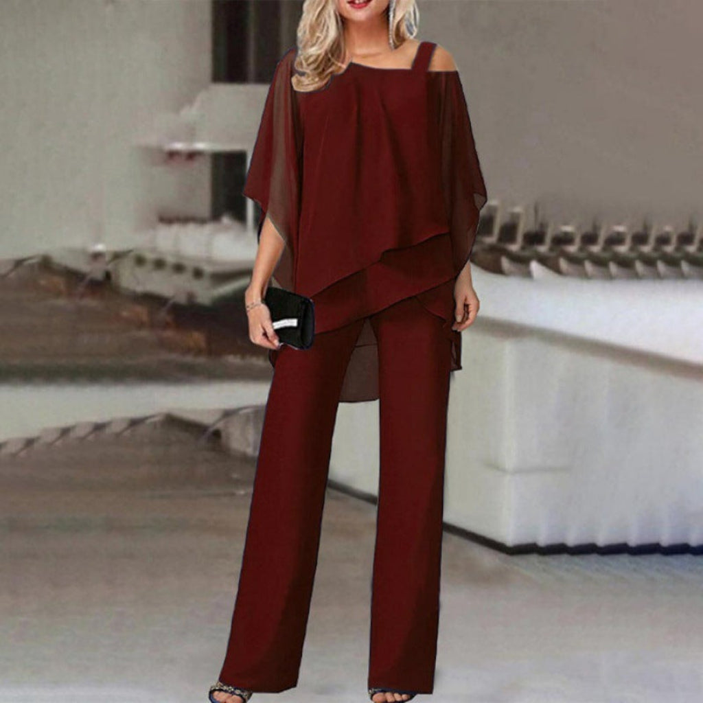 Stijlvolle dameskleding tweedelige set, met luchtige vleermuismouwtop en rechte broek, perfect voor elke gelegenheid.
