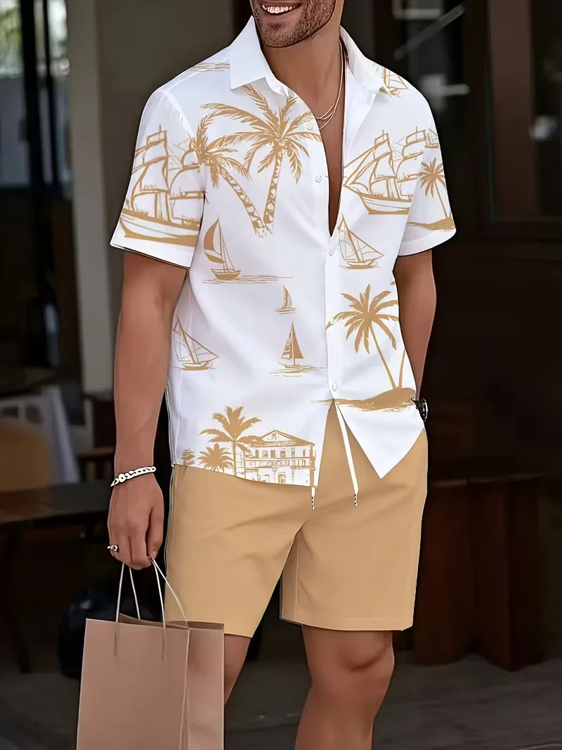 Casual heren zomer set met tropische print, perfect voor strand of vakantie, inclusief licht shirt & shorts.