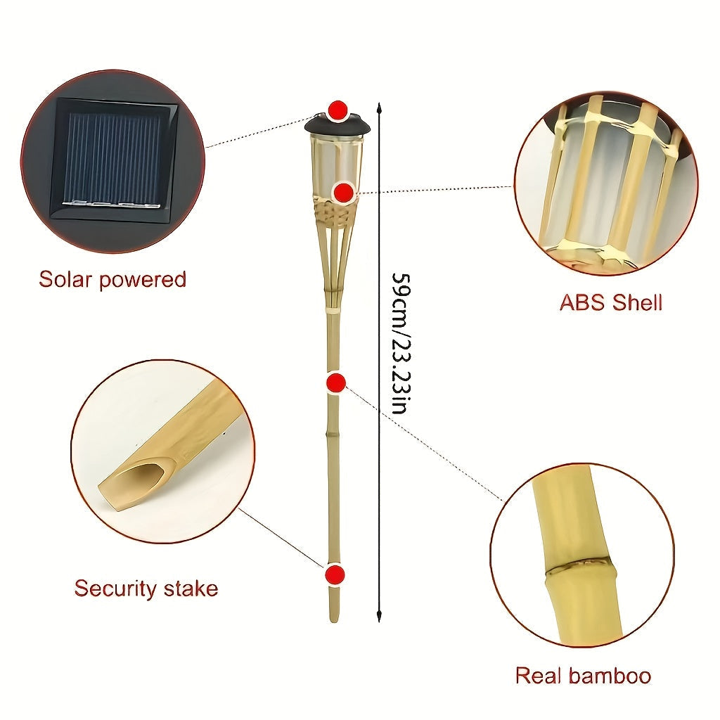 Detaillering van de bamboe structuur van de solar lantaarn, met het warme en realistische LED vlamlicht.