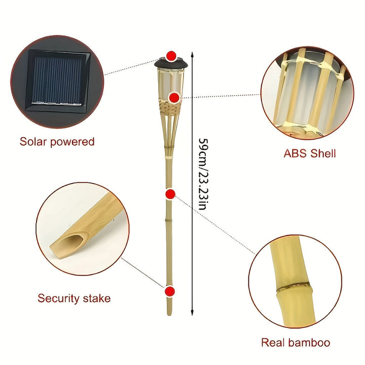 Detaillering van de bamboe structuur van de solar lantaarn, met het warme en realistische LED vlamlicht.