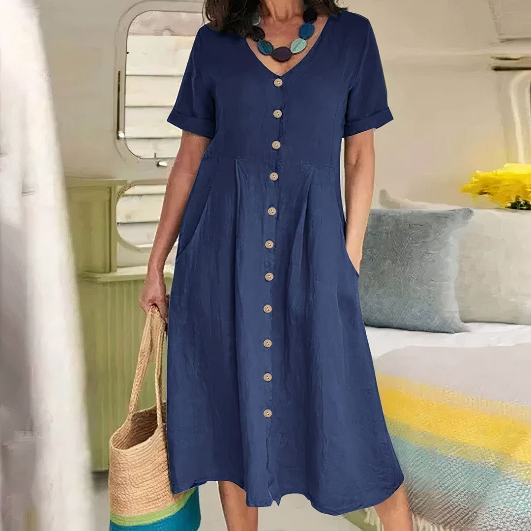 Comfortabele en luchtige katoen-linnen dames zomerjurk, losvallend en perfect voor ontspanning.
