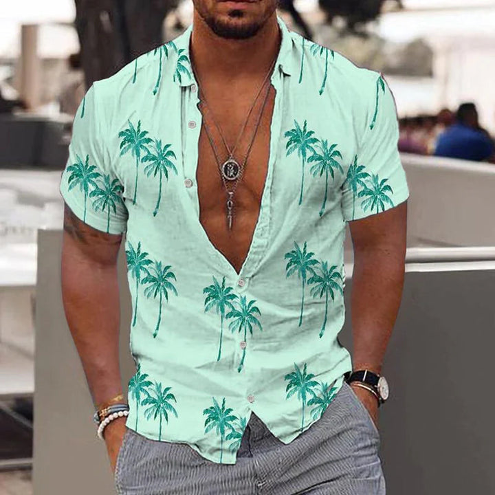 Roze linnen herenoverhemd met korte mouwen. Comfortabel en losvallend voor een stijlvolle, casual zomerlook. Ademende herenmode.