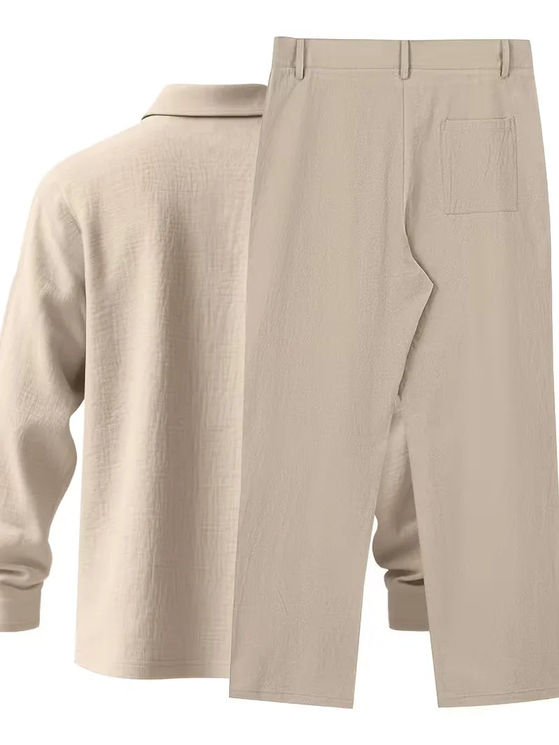 Comfortabel heren linnen set met mandarijnkraag, ideaal voor warme zomerdagen.