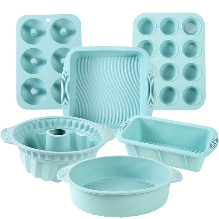 Complete siliconen bakvormenset met diverse mallen voor taarten, muffins, donuts en brood, perfect voor bakliefhebbers.