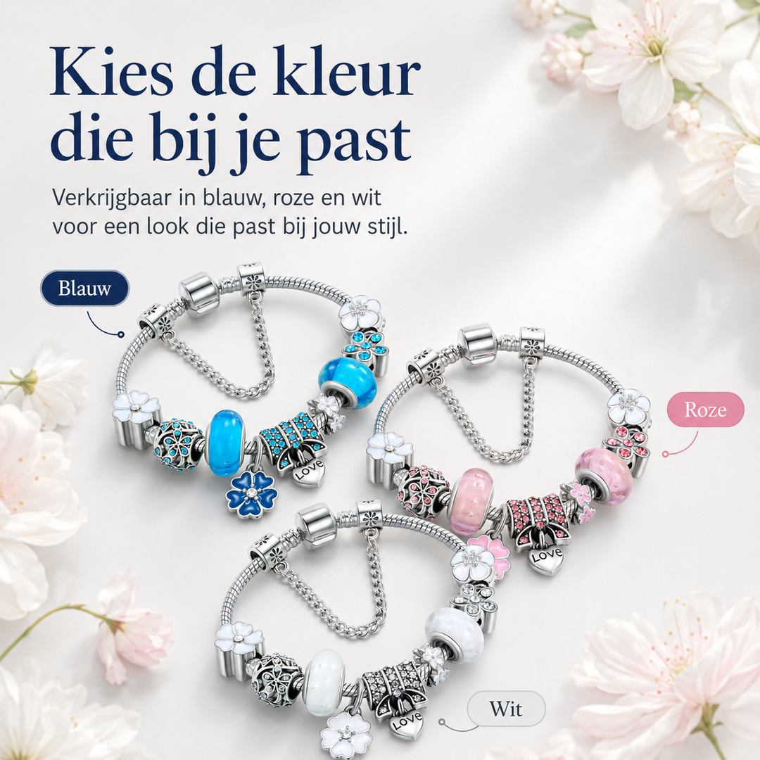 Romantische zilveren armband voor dames met bloemen charms, een elegant en verfijnd sieraad.