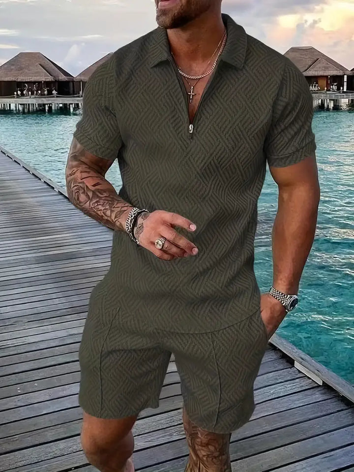 Detail van de comfortabele katoen/polyester stof van de stijlvolle herenset Lucas. Ideaal voor de zomer.