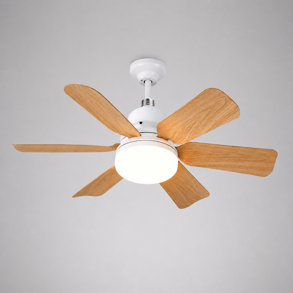 Energiezuinige plafondventilator met dimbare LED lamp en afstandsbediening, voor een aangename temperatuur en licht in huis.
