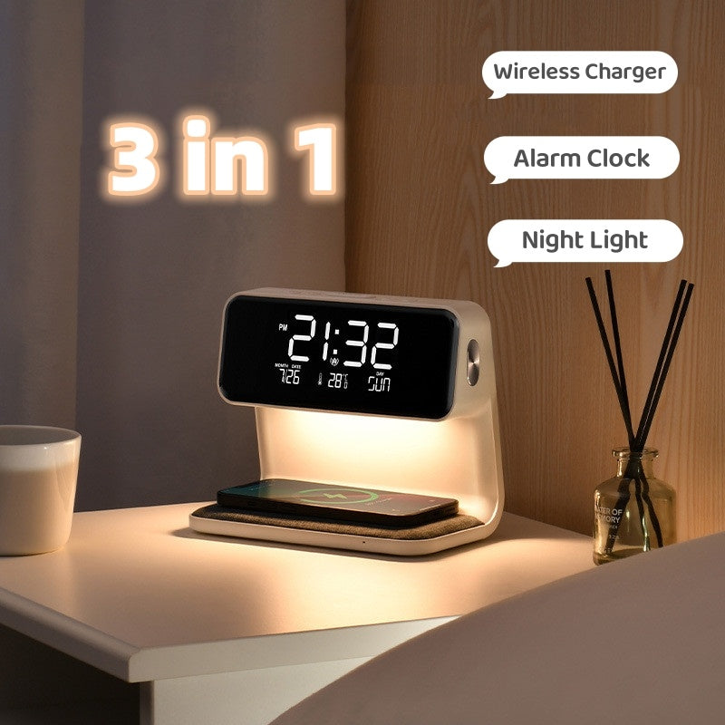 Multifunctionele 3-in-1 LED tafellamp met draadloze oplader en digitale wekker voor slaapkamer.