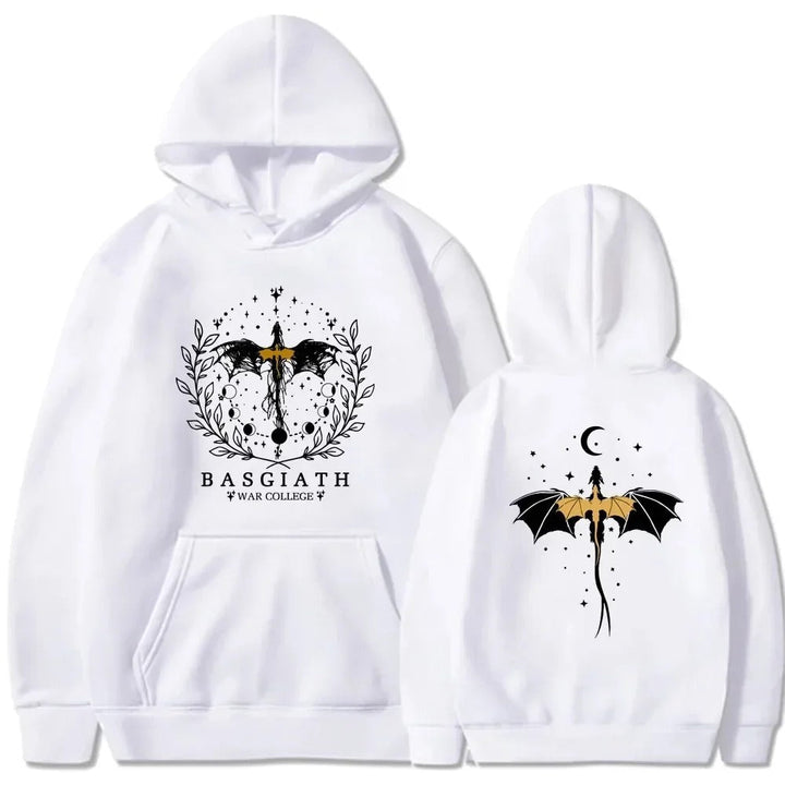 Gedetailleerde Basgiath War College print op een comfy Fourth Wing hoodie, perfect voor fantasy liefhebbers.
