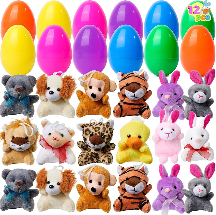 Schattige mini-dieren figuurtjes binnenin 12 kleurrijke pluche paaseieren, een leuke verrassing voor kinderen.