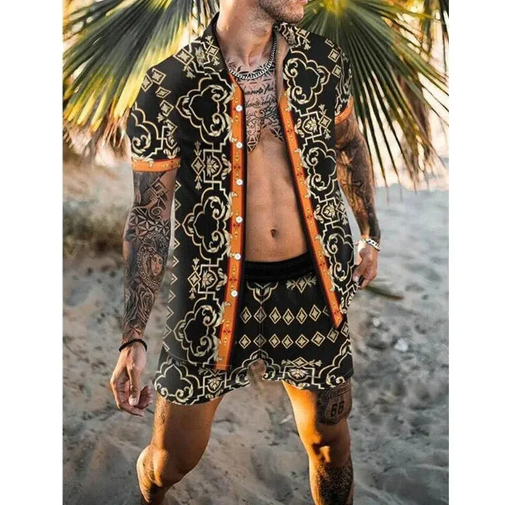 Losvallende heren short met bijpassende print, ideaal voor zomerse tweedelige set.