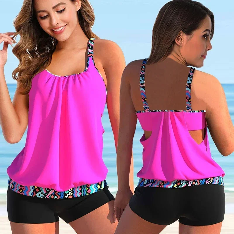 Trendy dames luipaardprint tankini set: racerback top en comfortabel boyshort broekje voor stijlvolle zomer.