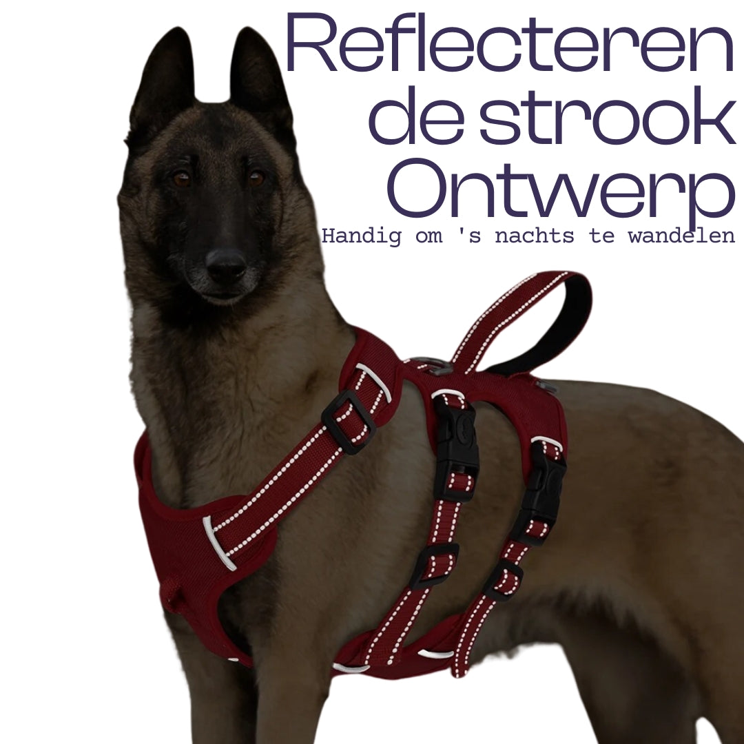 Premium kaki anti-ontsnap tuigje voor honden. Met 3 stevige bevestigingspunten, reflecterend en comfortabel gewatteerd.
