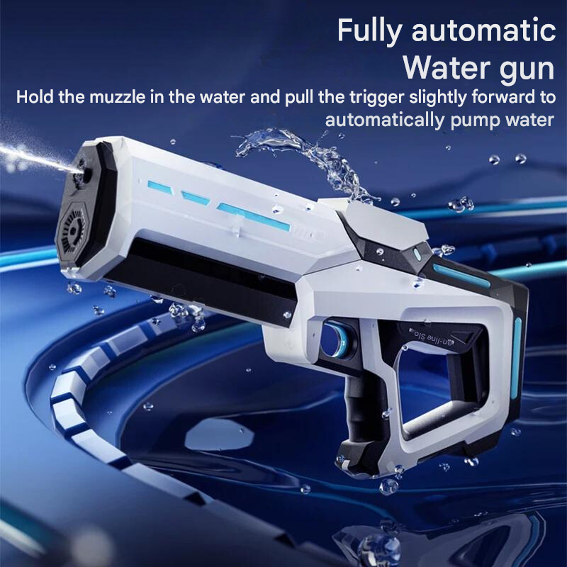 Kinderen spelen buiten met automatisch waterpistool; 1 liter tank en 10m bereik garanderen uren plezier.