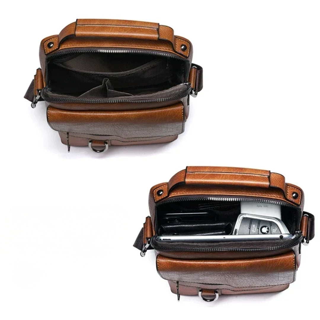 Duurzame echt leren heren tas, met verstelbare riem, ontworpen voor comfortabel en praktisch dagelijks gebruik.