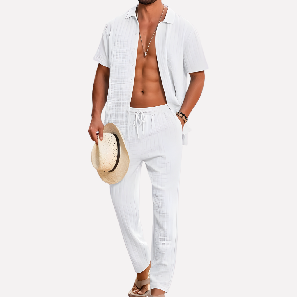 Casual 2-delige mannen zomeroutfit met los overhemd en broek, perfect voor strand of vakantie in wit, zwart of roze.