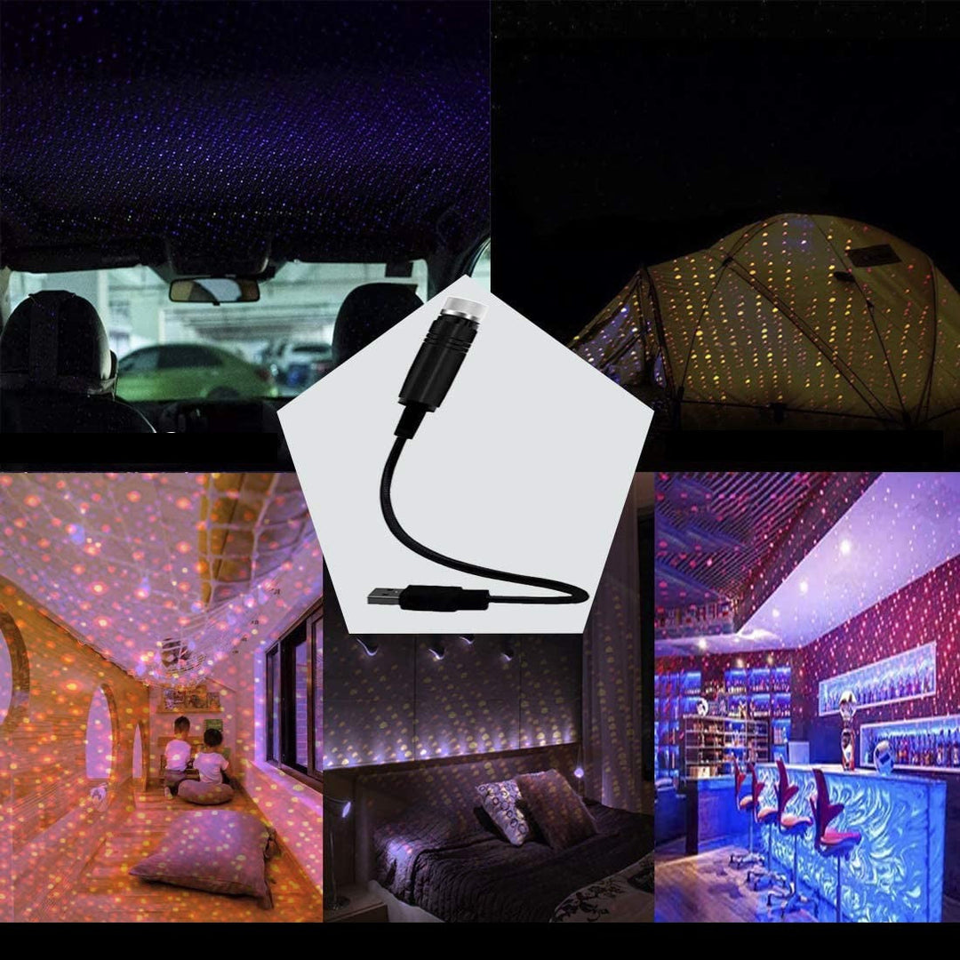 Coole LED sterrenhemel gadget: USB projector voor sfeerlicht in auto of kamer, met diverse lichteffecten.