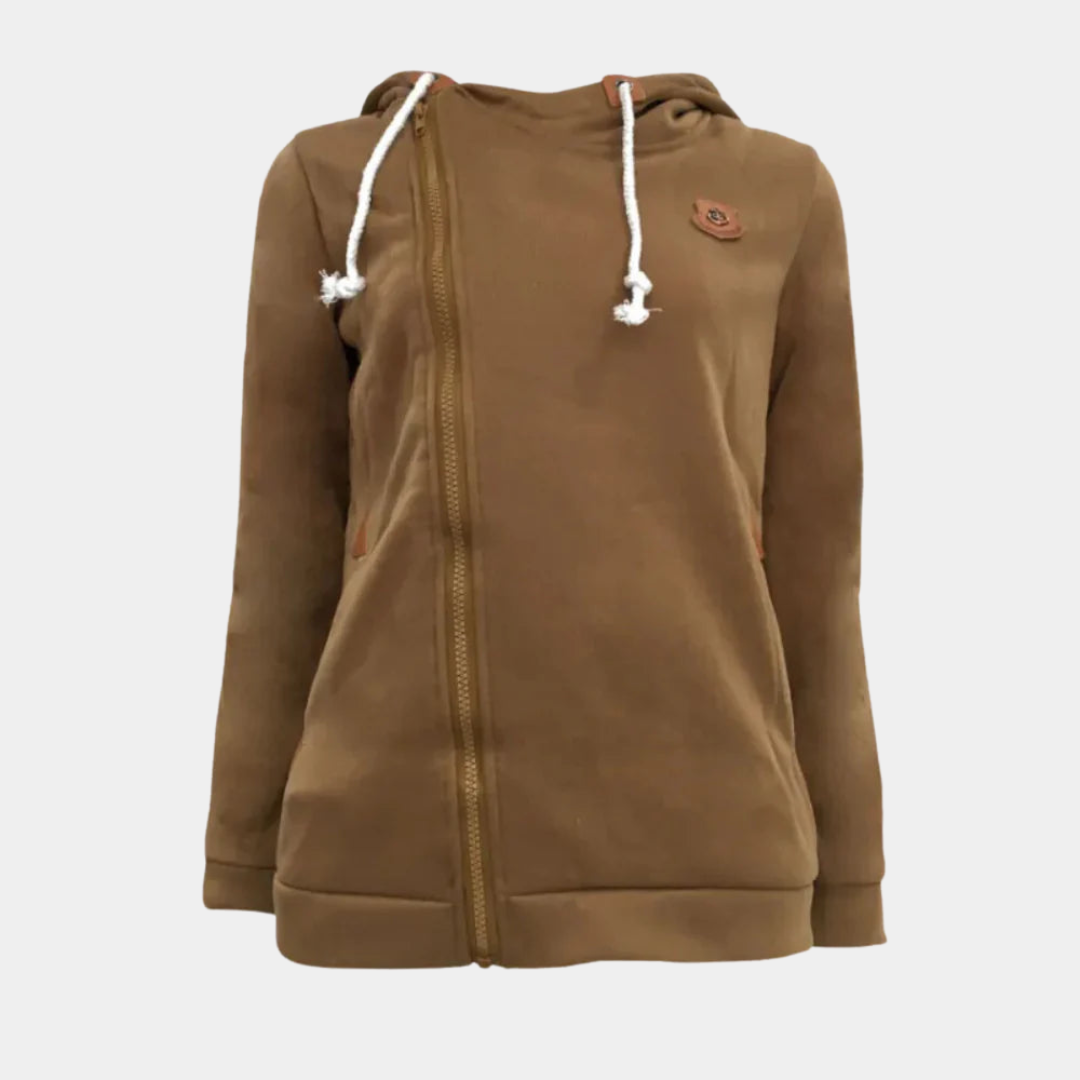 Comfortabel dames sportvest van katoenmix met unieke asymmetrische capuchon. Trendy streetwear item.