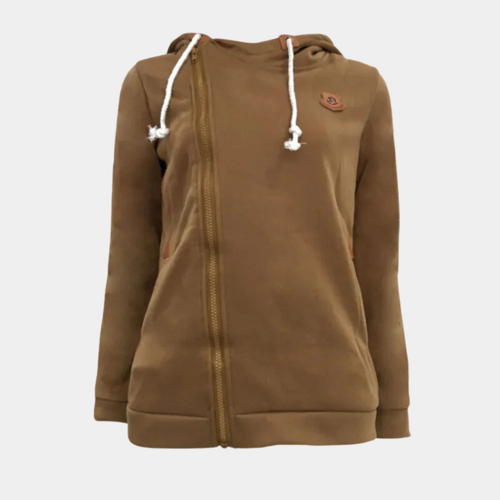 Comfortabel dames sportvest van katoenmix met unieke asymmetrische capuchon. Trendy streetwear item.
