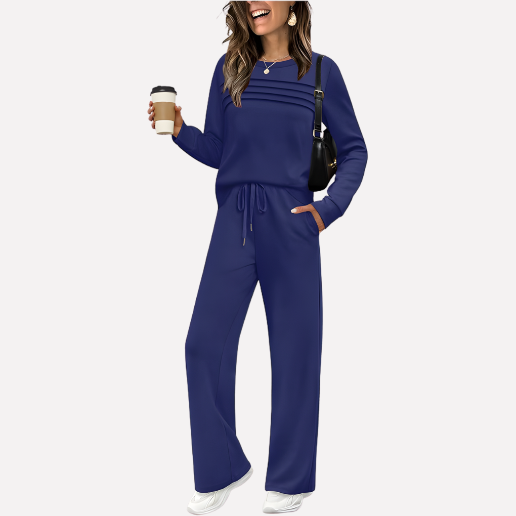 Zachte dames comfort lounge set van polyester blend; twee-delig, hoge hals & wijde pijpen voor ontspanning.