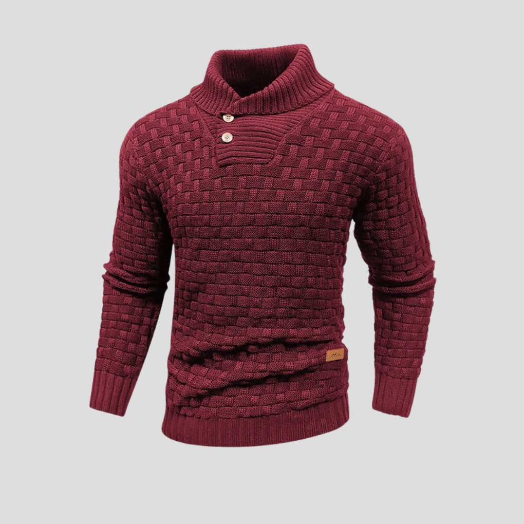 Heren gebreide trui met halve kraag en decoratieve knoopjes. Elegante pullover voor een stijlvolle look.