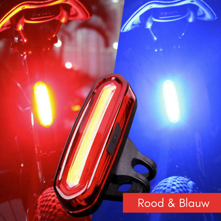 Duurzaam waterdicht LED fietsachterlicht, oplaadbaar via USB. Betrouwbare verlichting voor elk weer en verkeer.
