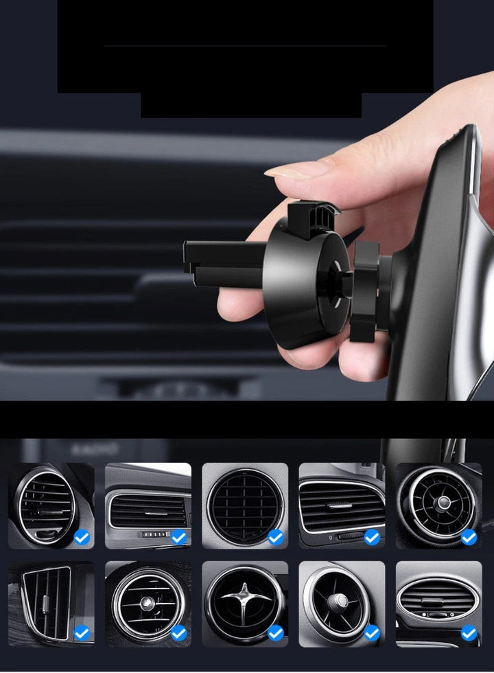 Ventilatie autohouder voor smartphones, biedt draadloos Qi opladen en stabiele grip.