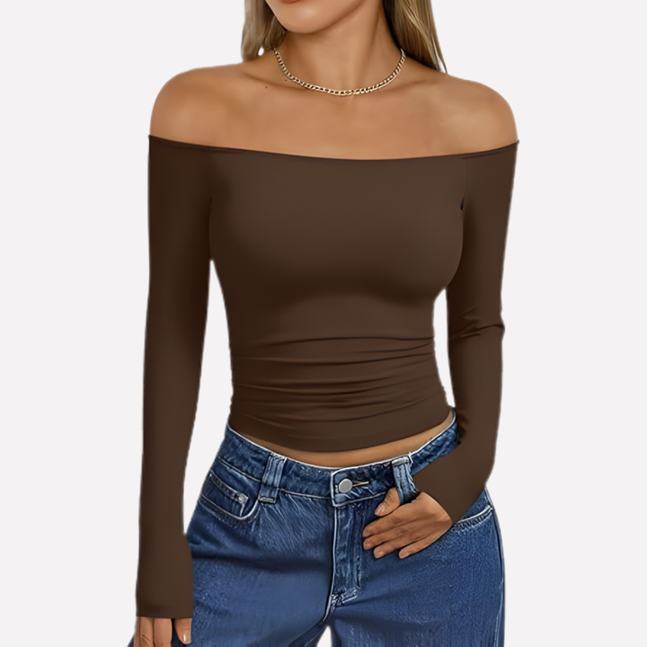 Comfortabele dames off-shoulder top met lange mouwen, perfect voor een relaxte en toch elegante look.