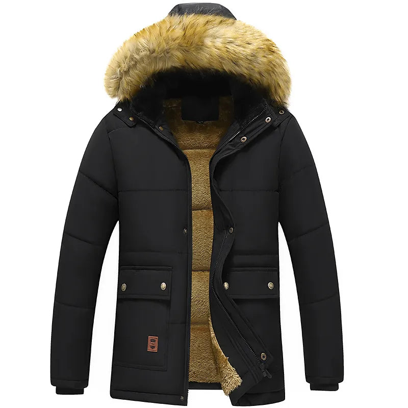 Stijlvolle donkerblauwe heren parka winterjas met capuchon, perfecte winterkleding.