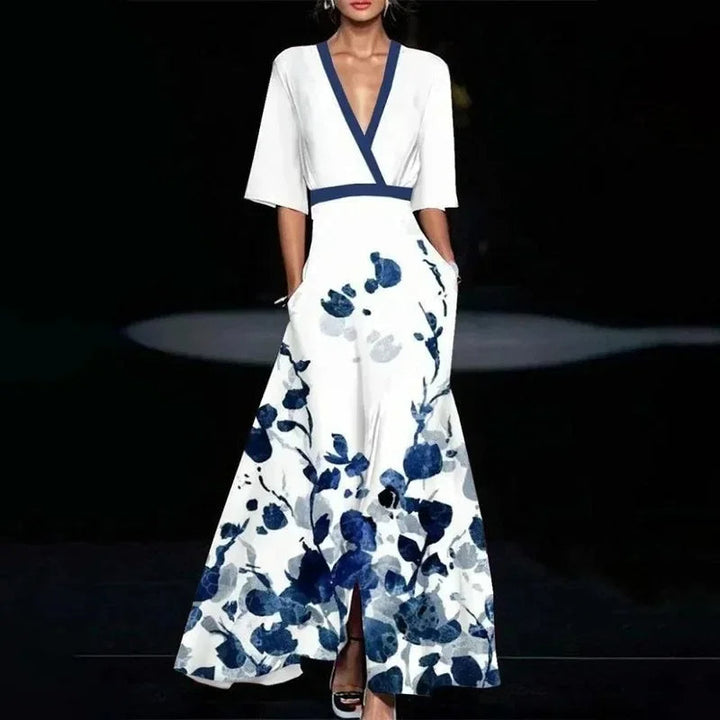 Trendy dames V-hals maxi jurk met unieke print en handige zakken, perfect voor een modieuze en comfortabele outfit.