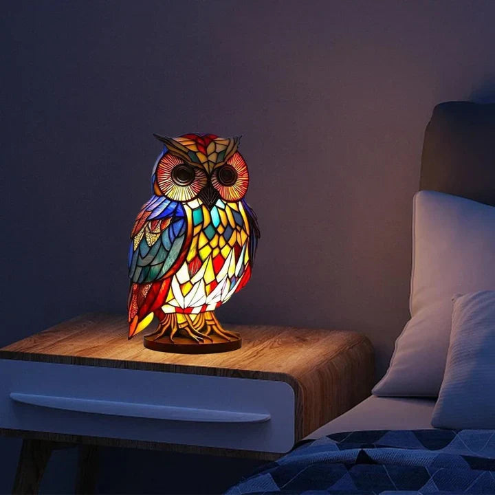 Decoratieve uilenlamp: handgemaakt, met warm licht. Unieke sfeerverlichting voor interieur.