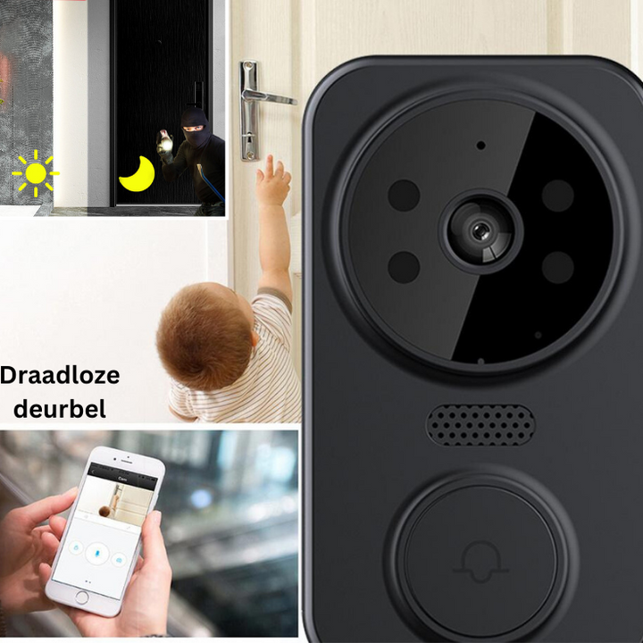Compacte zwarte slimme deurbel met WiFi, ingebouwde HD camera, alarmfunctie en helder nachtzicht voor veiligheid.