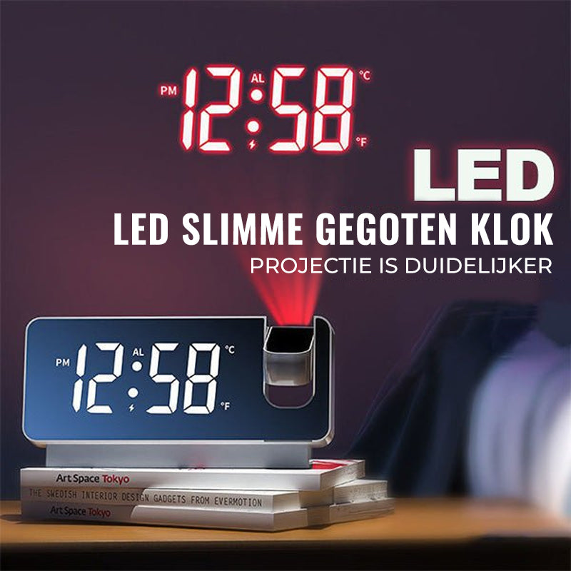 Witte moderne smart klok, projecteert tijd, met digitale wekker, nachtlampje en USB opladen.
